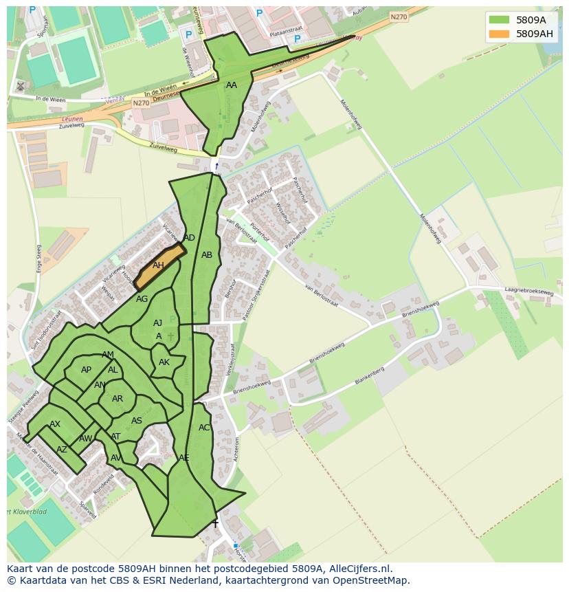 Afbeelding van het postcodegebied 5809 AH op de kaart.