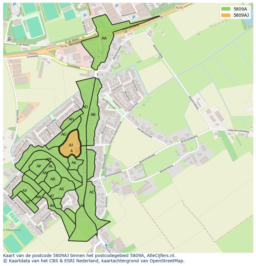 Afbeelding van het postcodegebied 5809 AJ op de kaart.