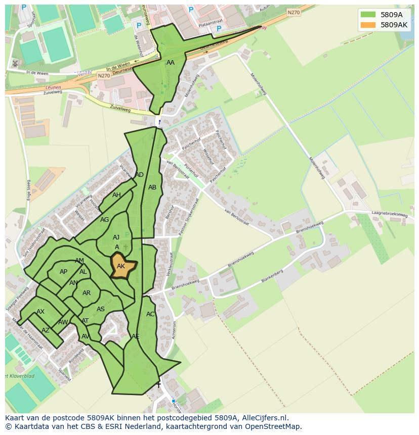 Afbeelding van het postcodegebied 5809 AK op de kaart.