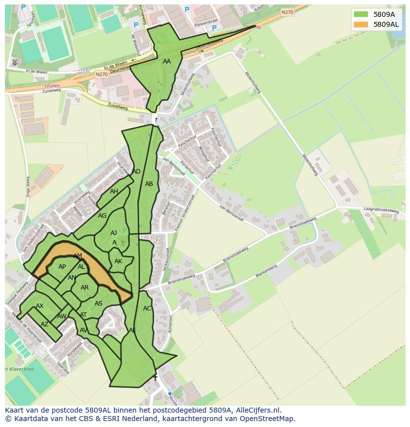 Afbeelding van het postcodegebied 5809 AL op de kaart.