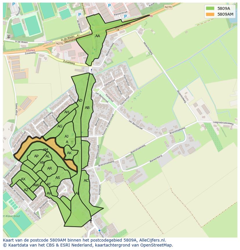 Afbeelding van het postcodegebied 5809 AM op de kaart.