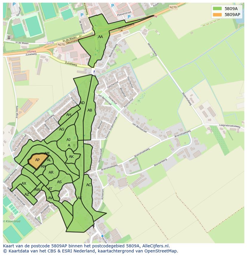 Afbeelding van het postcodegebied 5809 AP op de kaart.