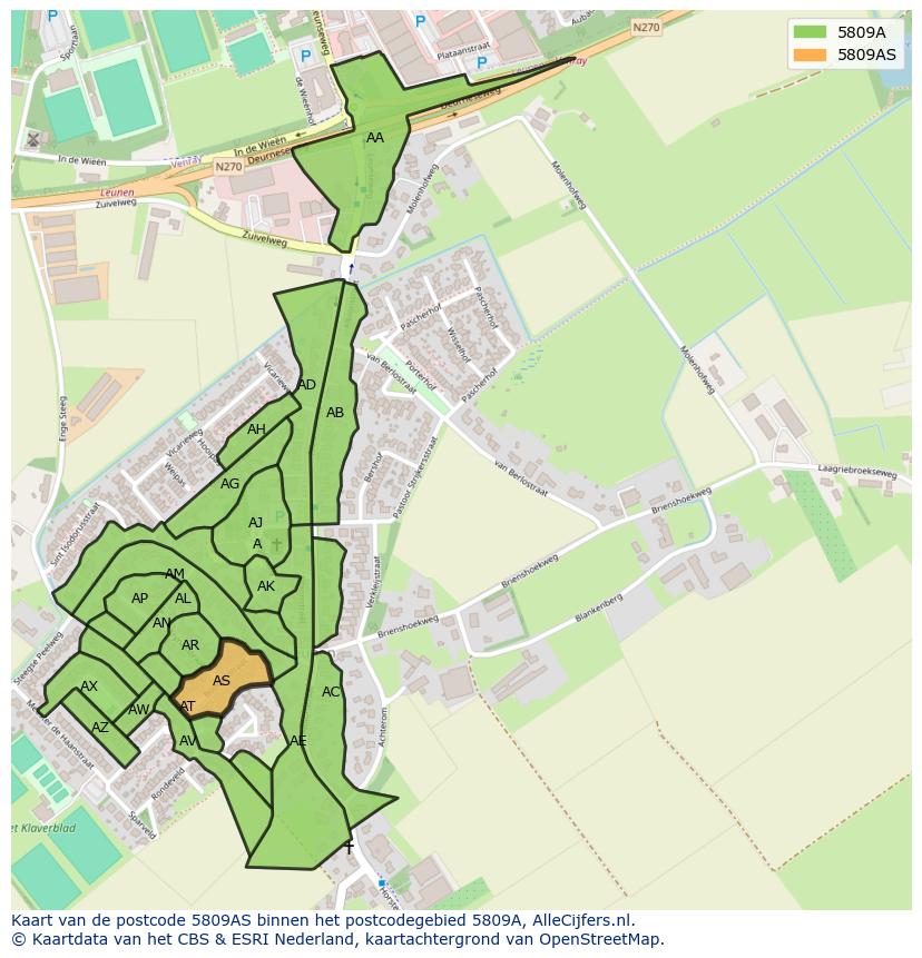 Afbeelding van het postcodegebied 5809 AS op de kaart.