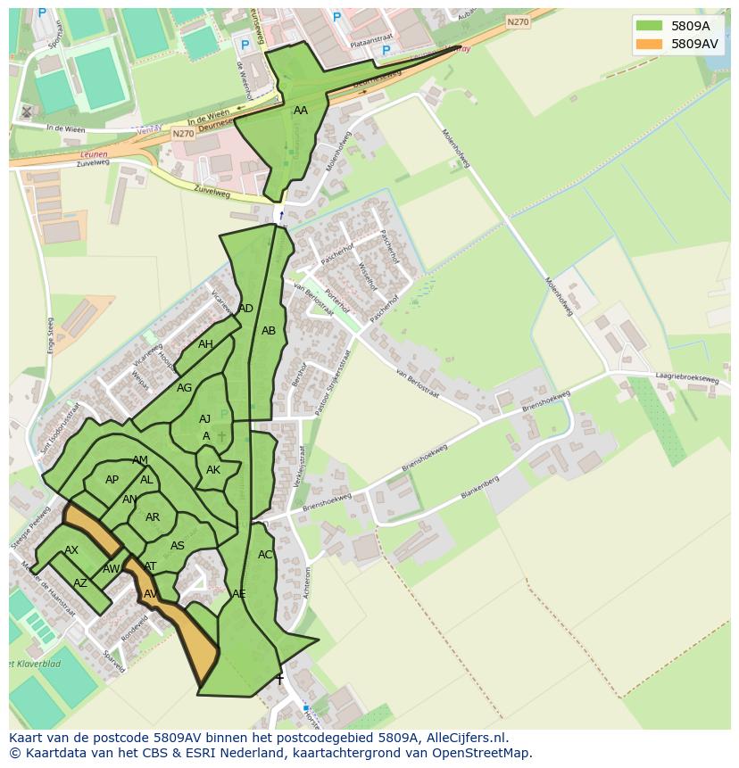 Afbeelding van het postcodegebied 5809 AV op de kaart.