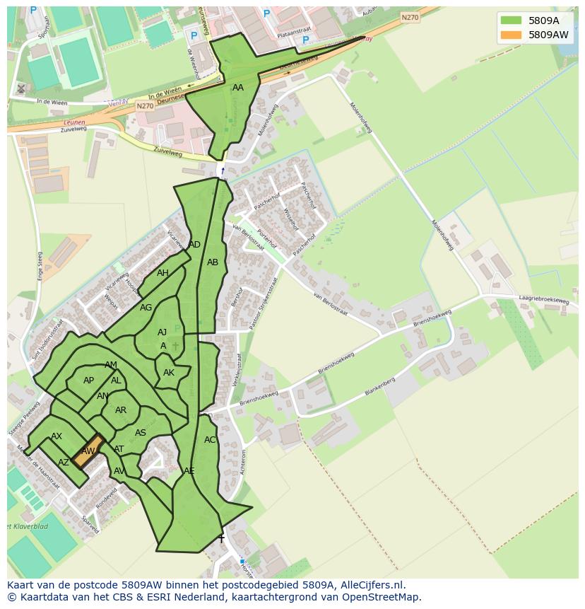 Afbeelding van het postcodegebied 5809 AW op de kaart.