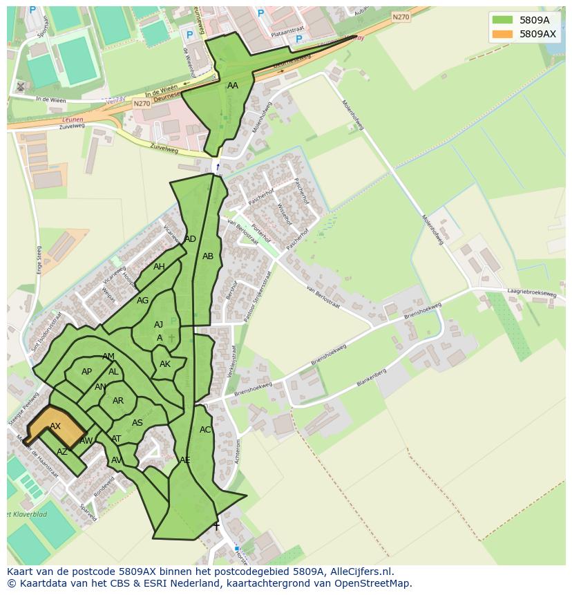 Afbeelding van het postcodegebied 5809 AX op de kaart.