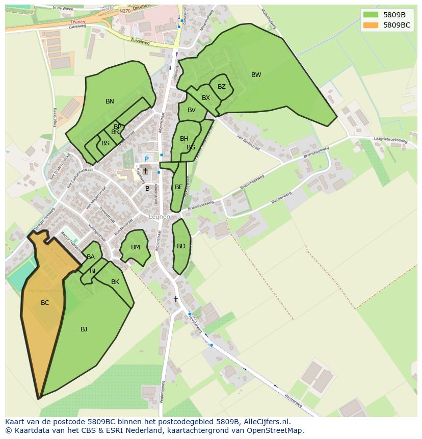 Afbeelding van het postcodegebied 5809 BC op de kaart.
