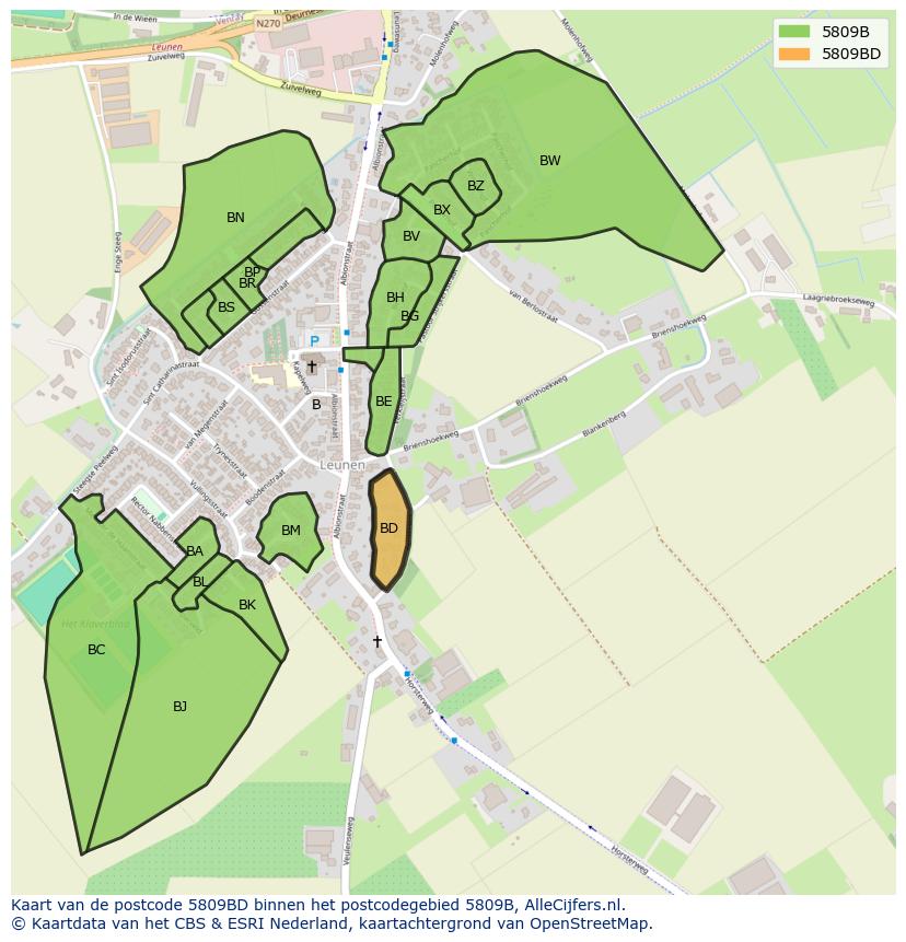 Afbeelding van het postcodegebied 5809 BD op de kaart.
