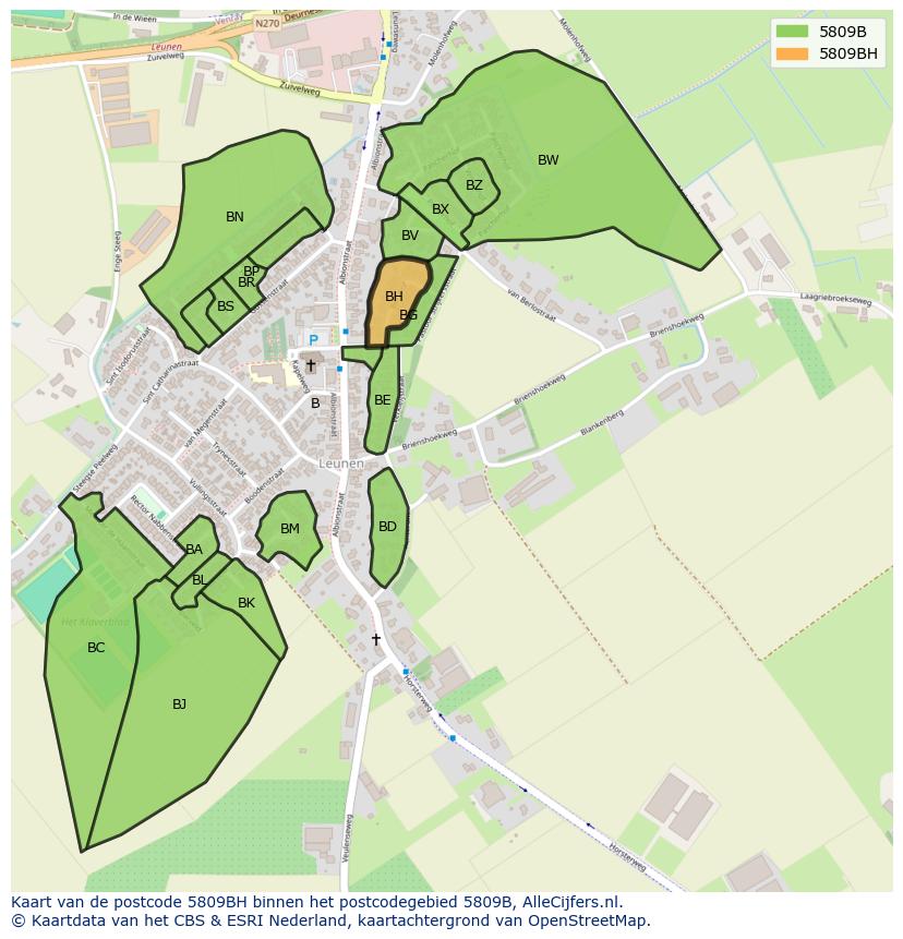 Afbeelding van het postcodegebied 5809 BH op de kaart.
