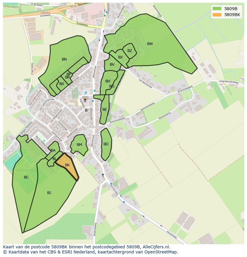 Afbeelding van het postcodegebied 5809 BK op de kaart.