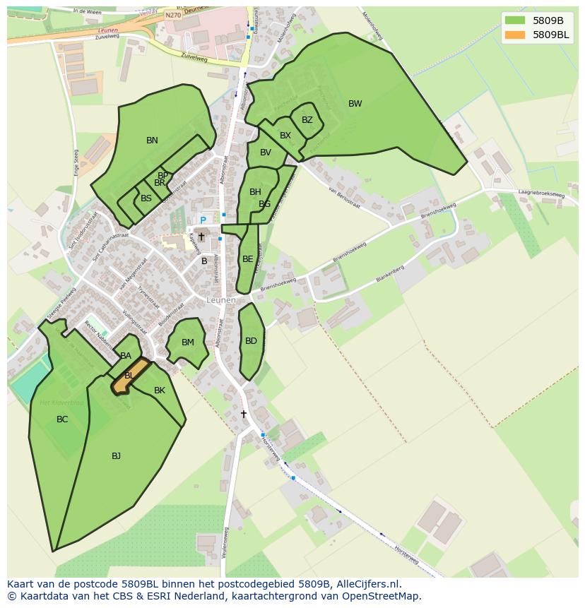 Afbeelding van het postcodegebied 5809 BL op de kaart.