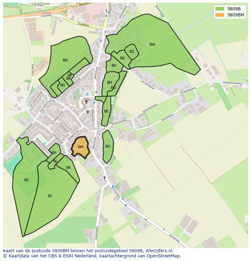 Afbeelding van het postcodegebied 5809 BM op de kaart.