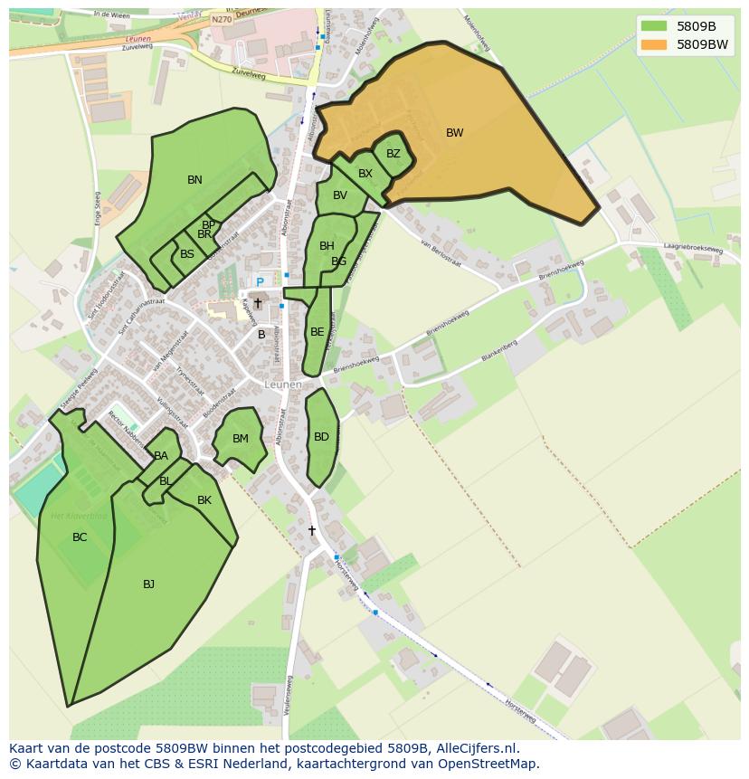 Afbeelding van het postcodegebied 5809 BW op de kaart.