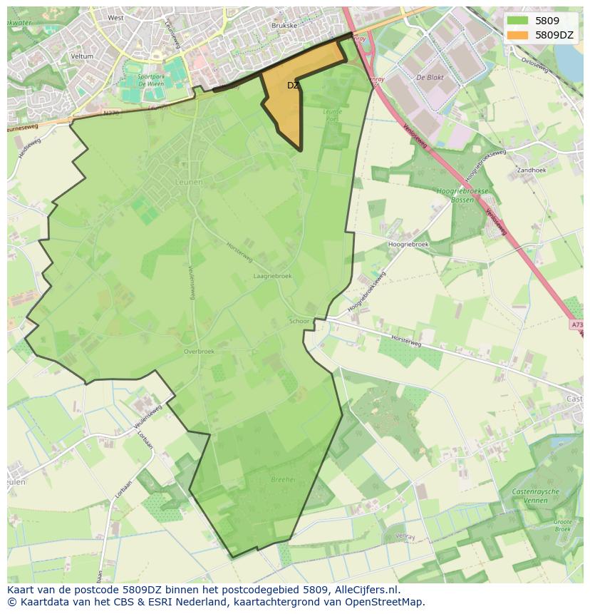 Afbeelding van het postcodegebied 5809 DZ op de kaart.