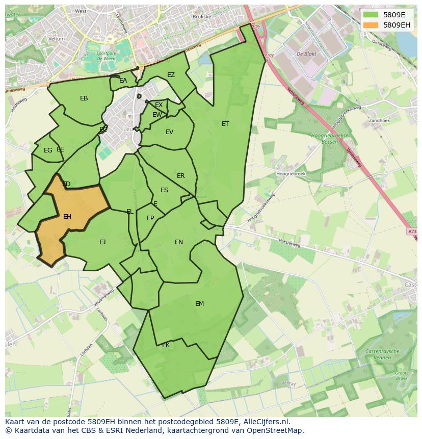 Afbeelding van het postcodegebied 5809 EH op de kaart.