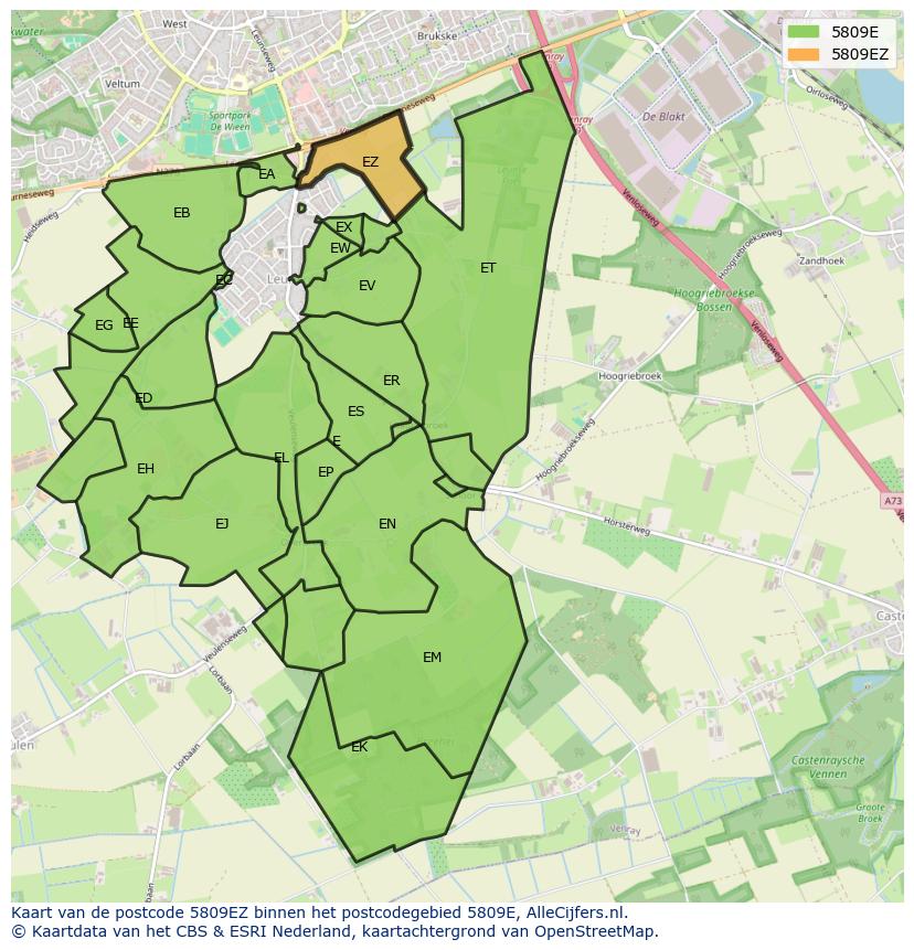 Afbeelding van het postcodegebied 5809 EZ op de kaart.
