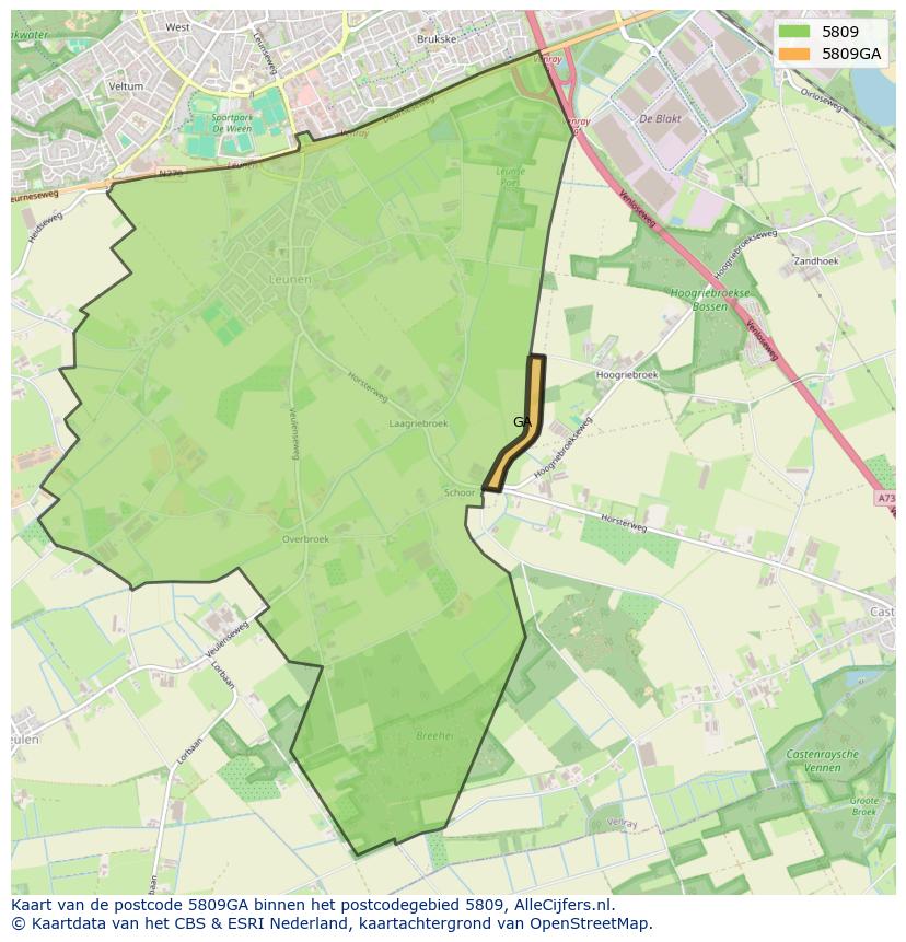 Afbeelding van het postcodegebied 5809 GA op de kaart.