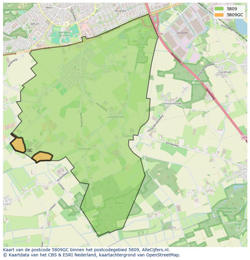 Afbeelding van het postcodegebied 5809 GC op de kaart.