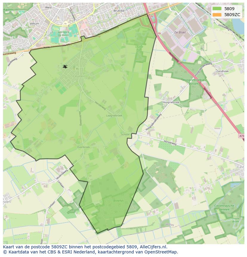 Afbeelding van het postcodegebied 5809 ZC op de kaart.