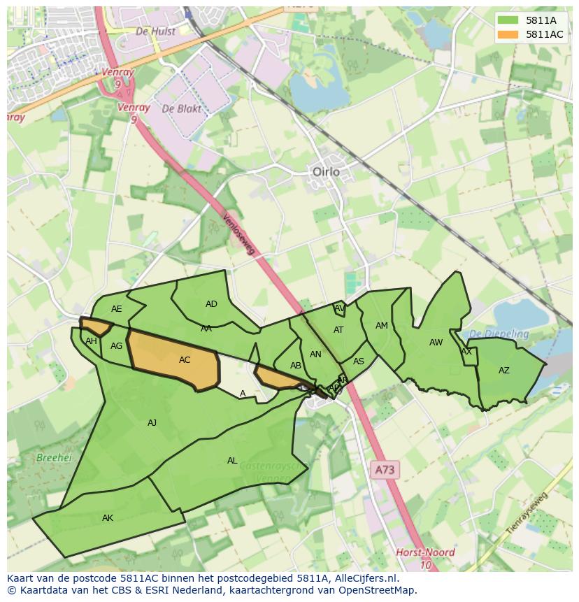 Afbeelding van het postcodegebied 5811 AC op de kaart.