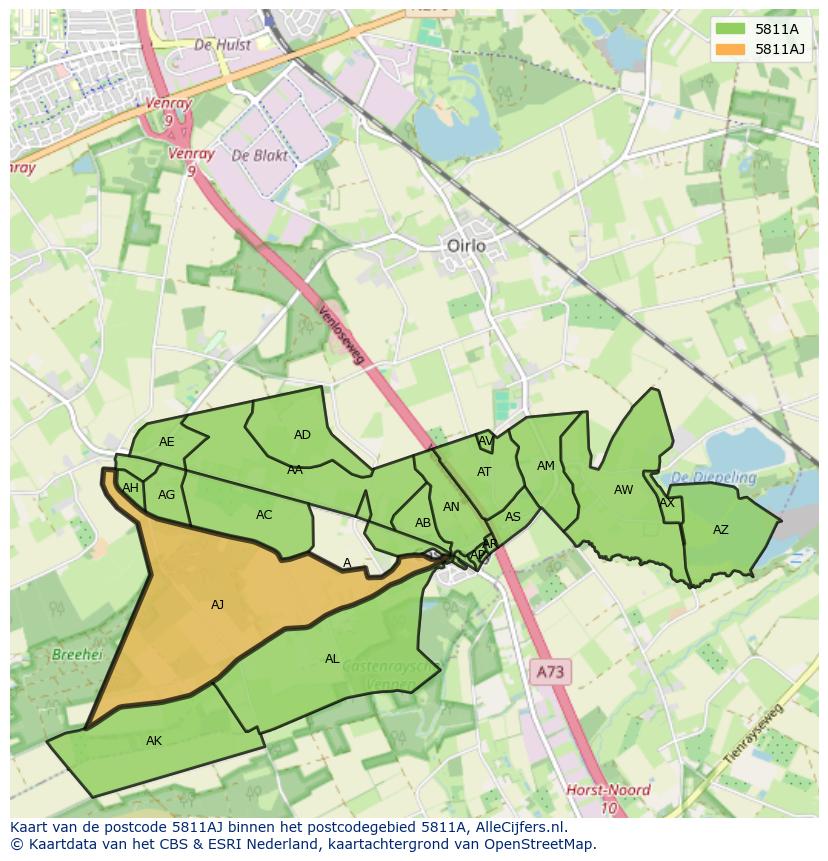 Afbeelding van het postcodegebied 5811 AJ op de kaart.