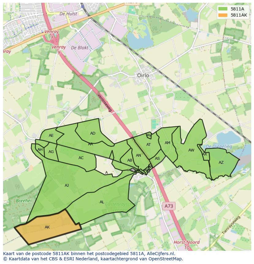 Afbeelding van het postcodegebied 5811 AK op de kaart.