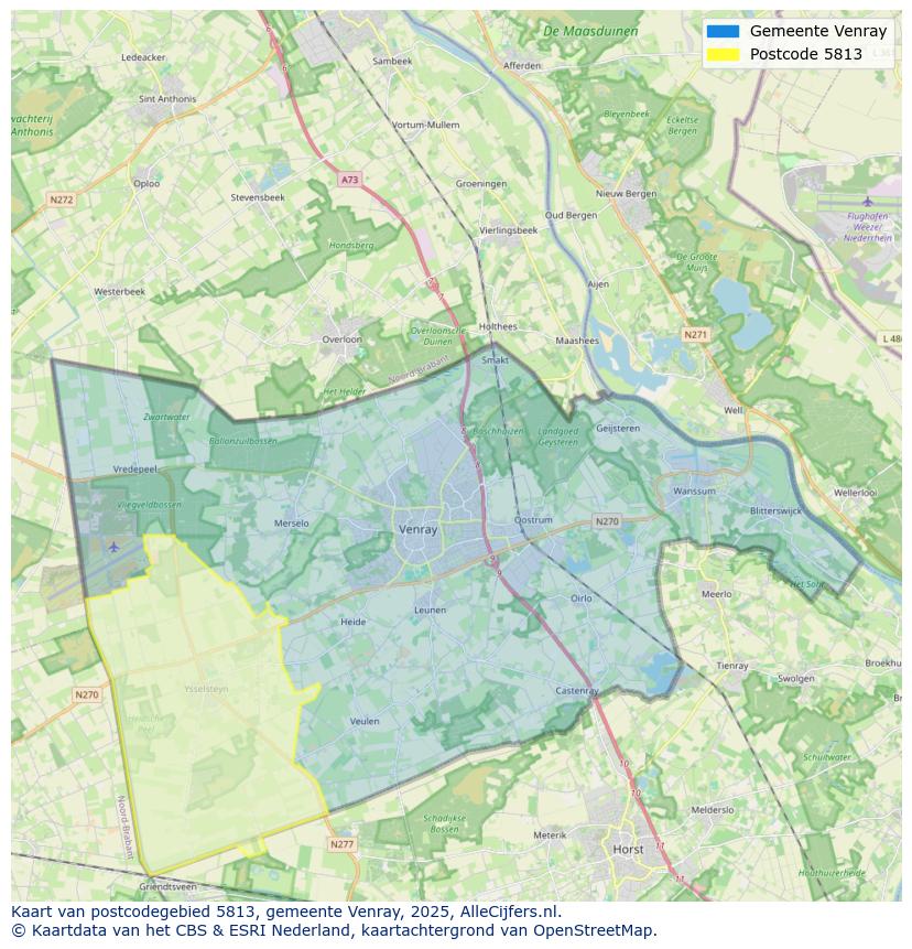 Afbeelding van het postcodegebied 5813 op de kaart.