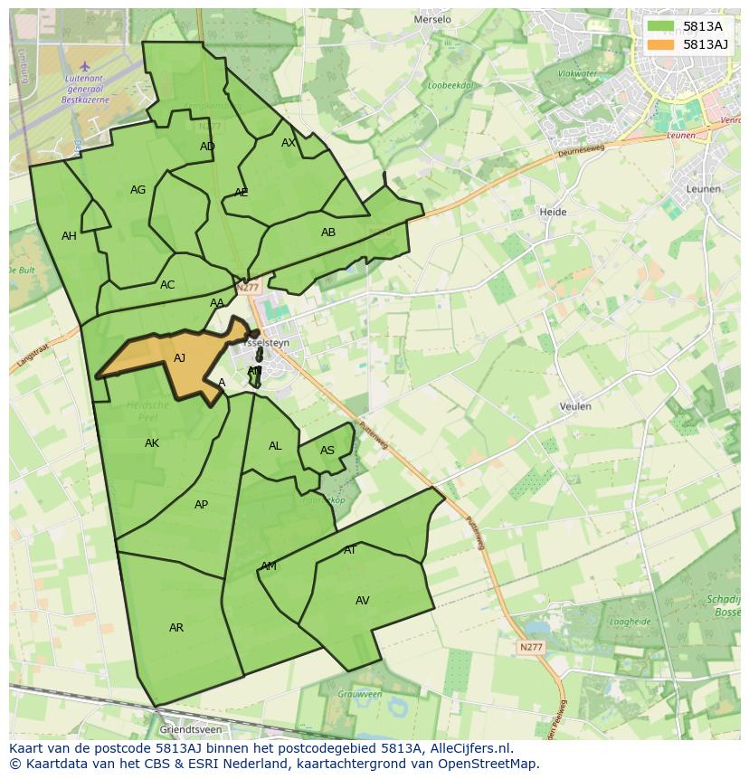 Afbeelding van het postcodegebied 5813 AJ op de kaart.