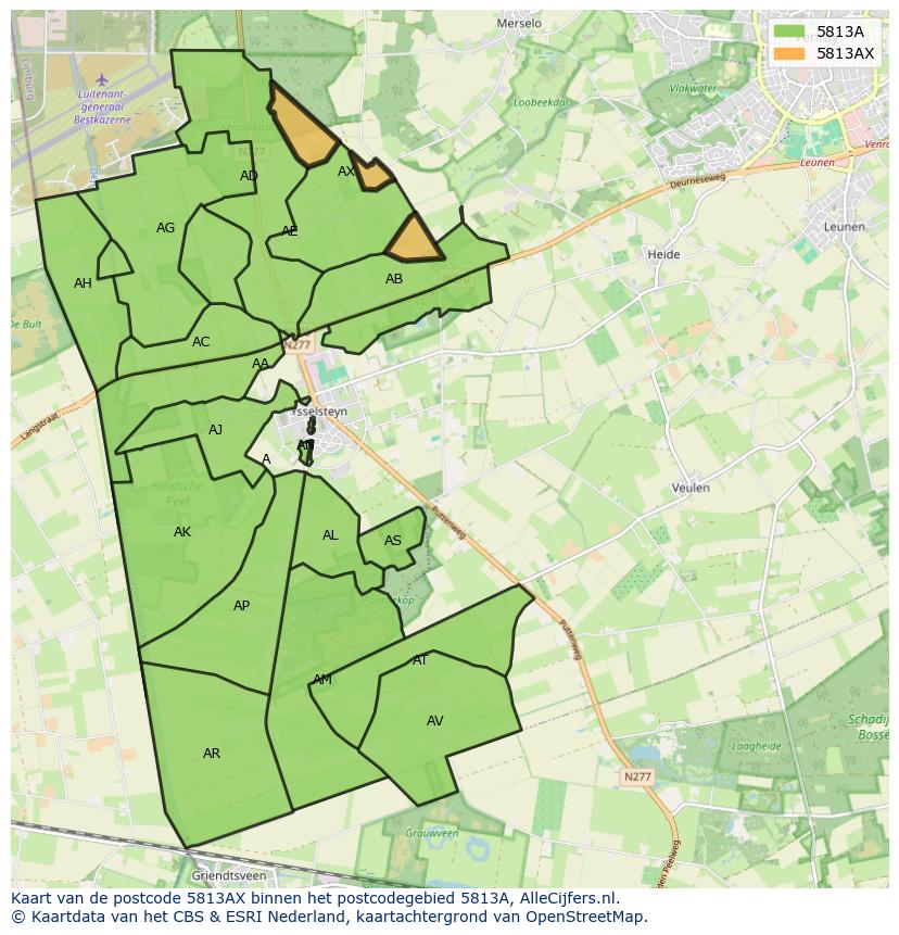 Afbeelding van het postcodegebied 5813 AX op de kaart.