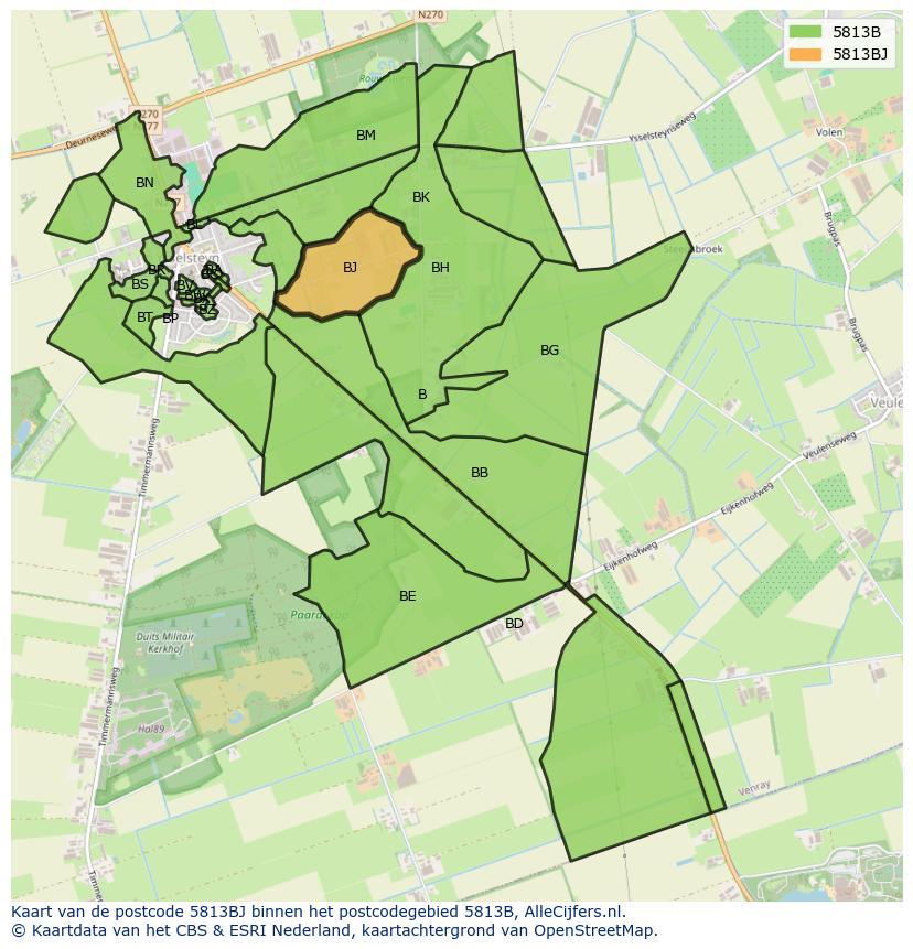 Afbeelding van het postcodegebied 5813 BJ op de kaart.