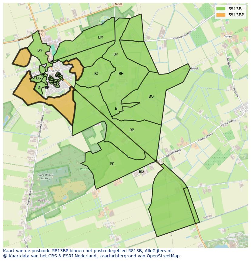 Afbeelding van het postcodegebied 5813 BP op de kaart.