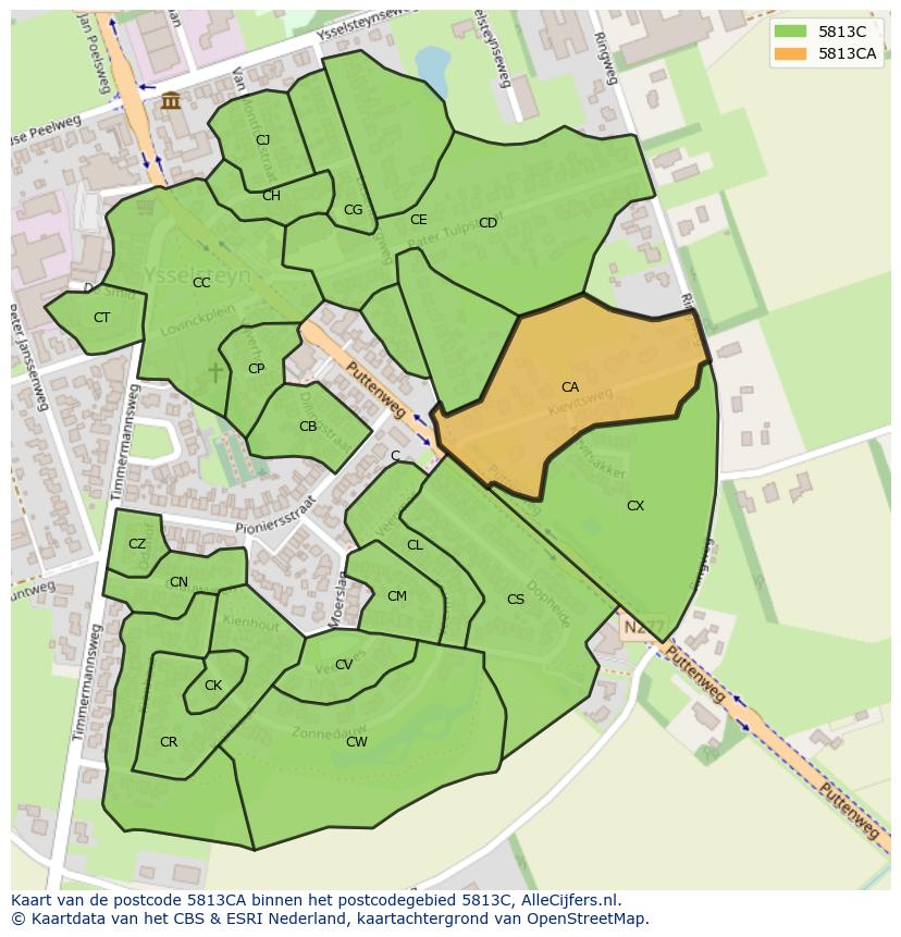 Afbeelding van het postcodegebied 5813 CA op de kaart.