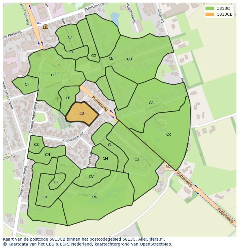 Afbeelding van het postcodegebied 5813 CB op de kaart.