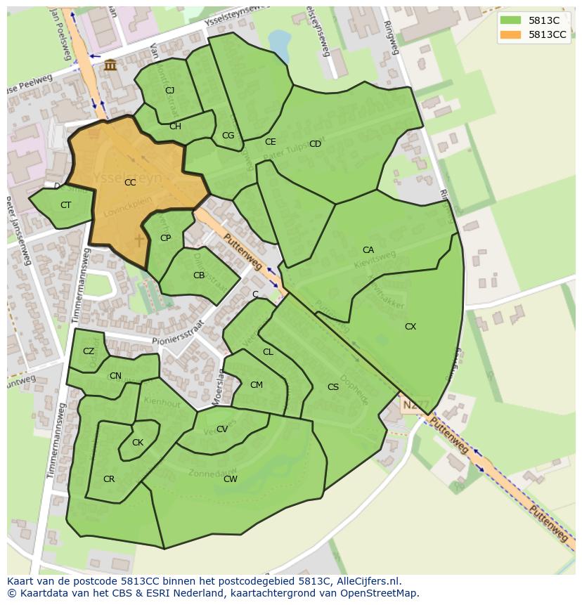 Afbeelding van het postcodegebied 5813 CC op de kaart.
