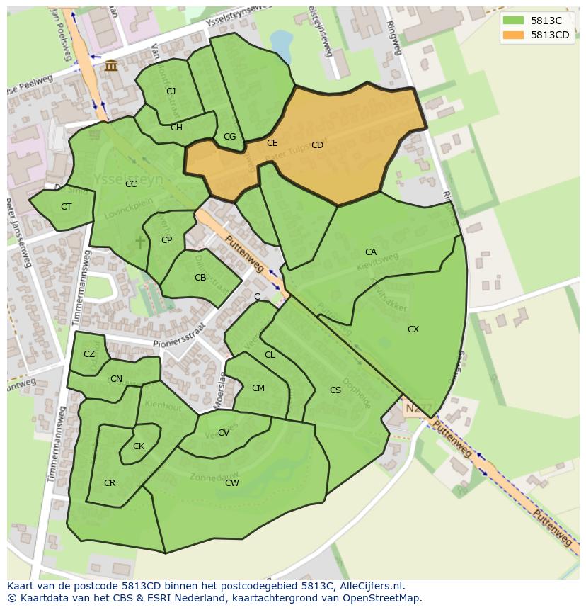Afbeelding van het postcodegebied 5813 CD op de kaart.