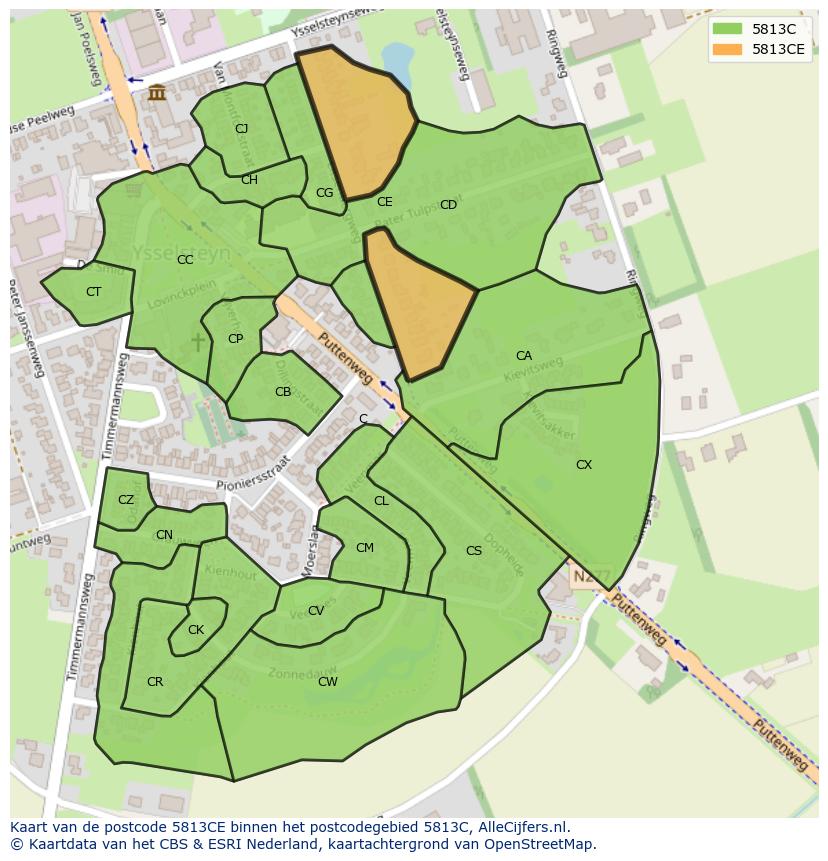 Afbeelding van het postcodegebied 5813 CE op de kaart.