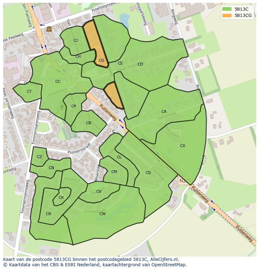 Afbeelding van het postcodegebied 5813 CG op de kaart.