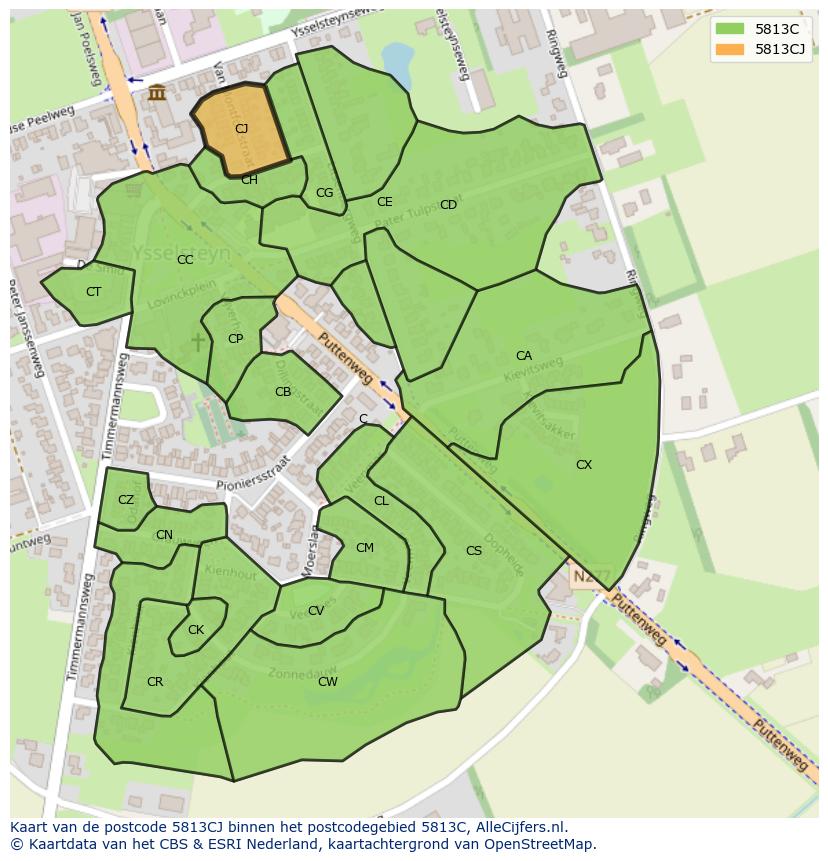 Afbeelding van het postcodegebied 5813 CJ op de kaart.