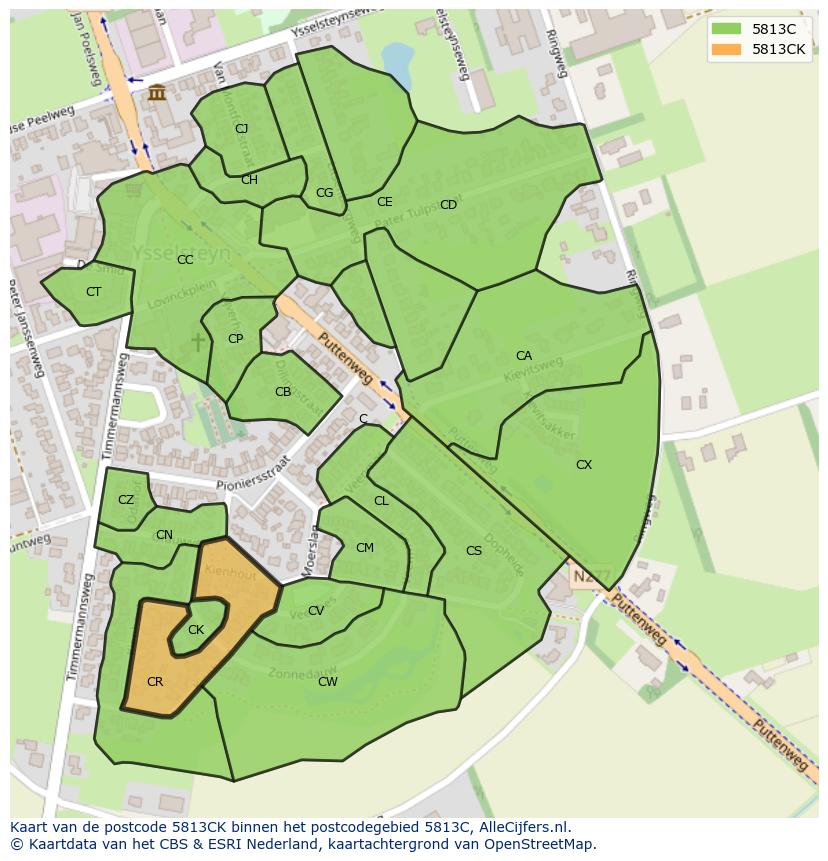 Afbeelding van het postcodegebied 5813 CK op de kaart.