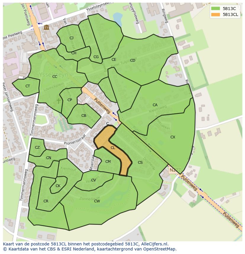Afbeelding van het postcodegebied 5813 CL op de kaart.