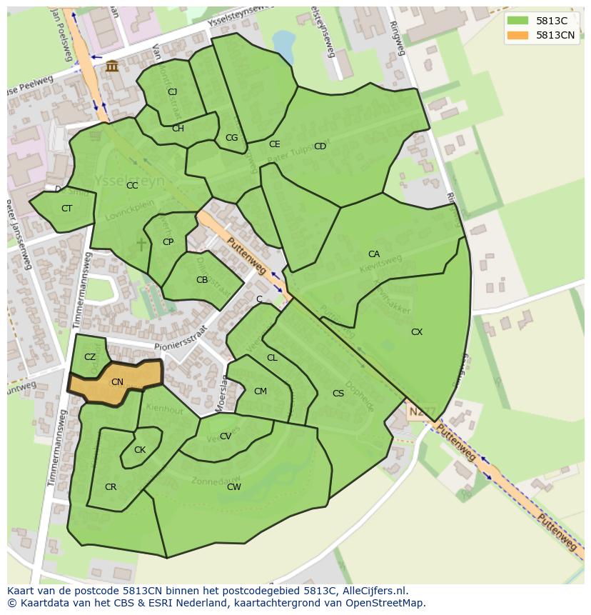 Afbeelding van het postcodegebied 5813 CN op de kaart.