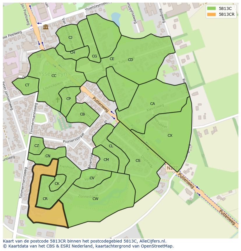Afbeelding van het postcodegebied 5813 CR op de kaart.