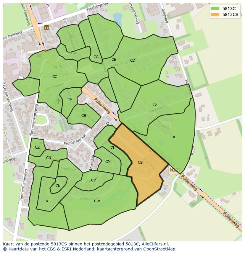 Afbeelding van het postcodegebied 5813 CS op de kaart.