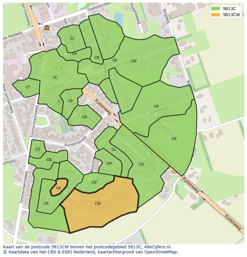 Afbeelding van het postcodegebied 5813 CW op de kaart.