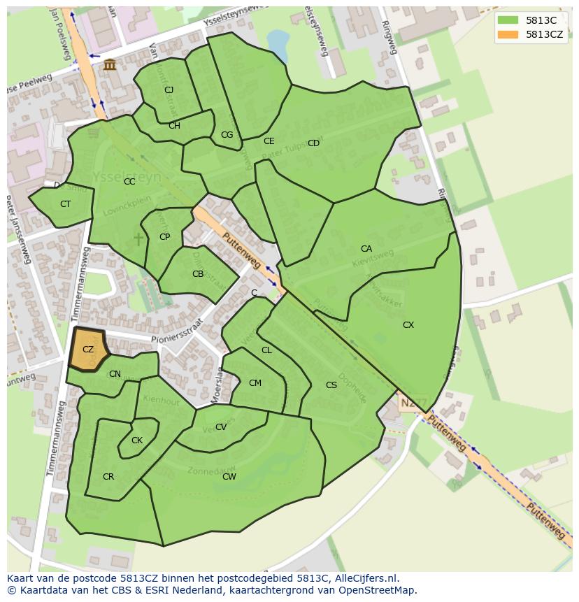 Afbeelding van het postcodegebied 5813 CZ op de kaart.