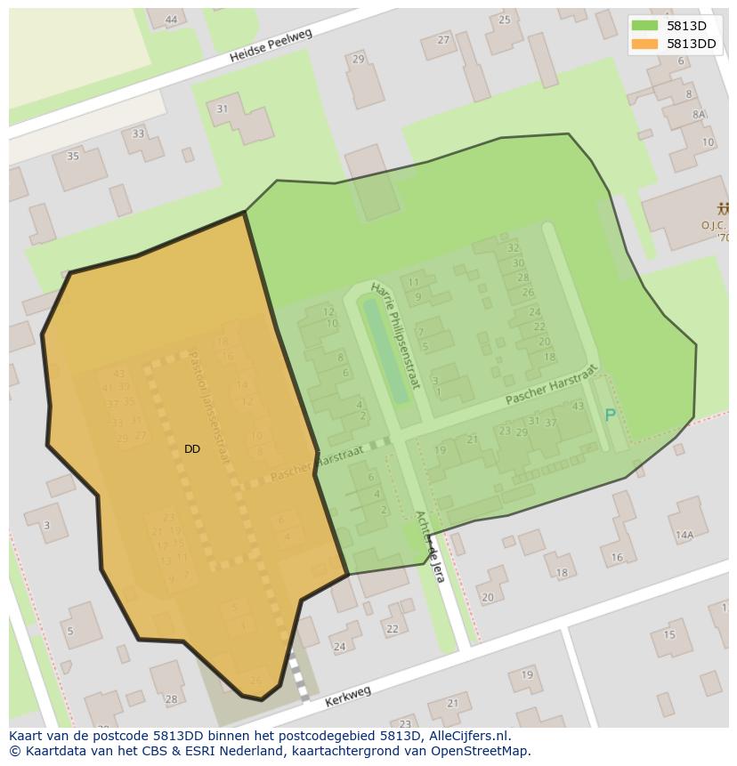Afbeelding van het postcodegebied 5813 DD op de kaart.