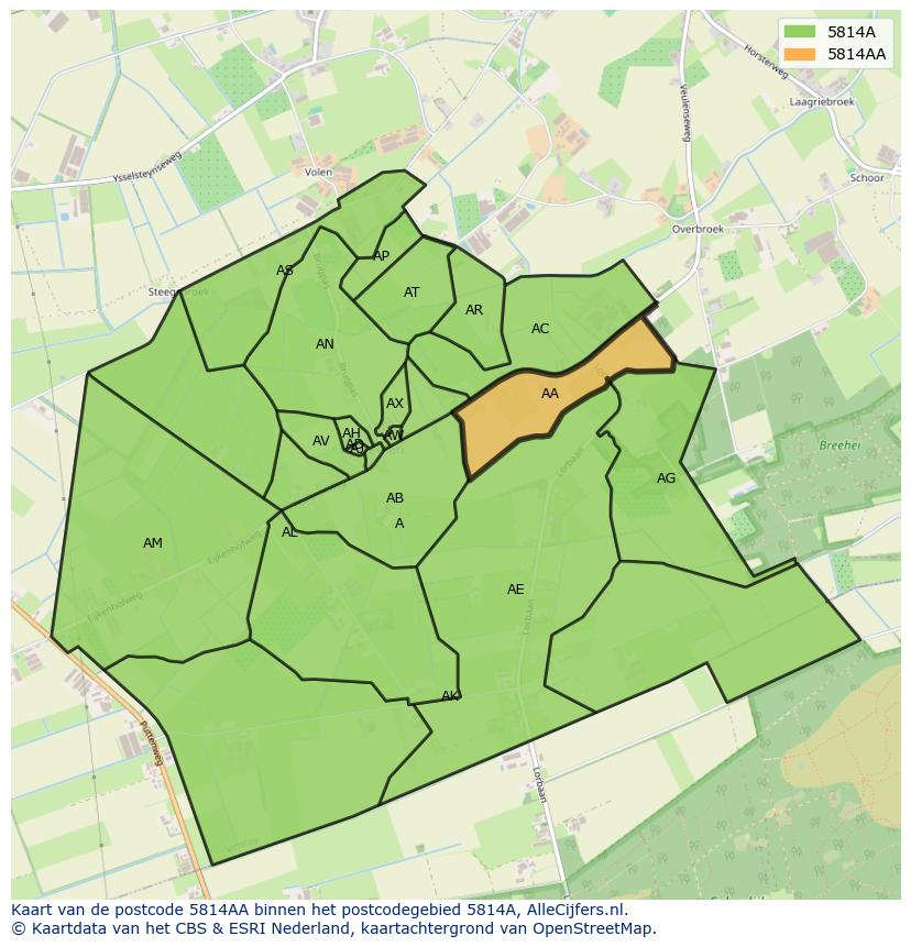 Afbeelding van het postcodegebied 5814 AA op de kaart.