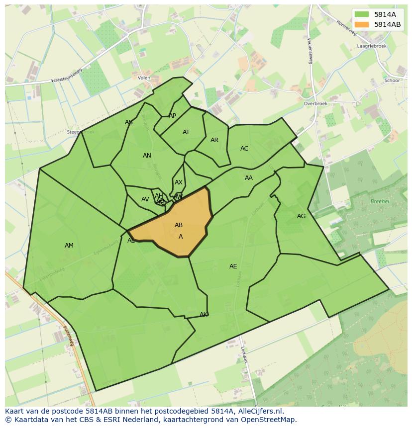 Afbeelding van het postcodegebied 5814 AB op de kaart.