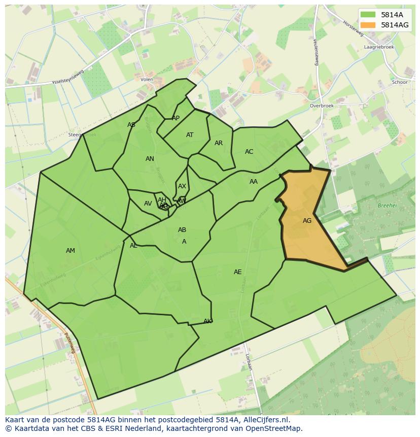Afbeelding van het postcodegebied 5814 AG op de kaart.