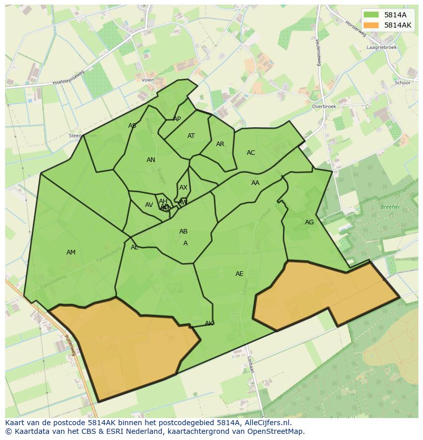 Afbeelding van het postcodegebied 5814 AK op de kaart.